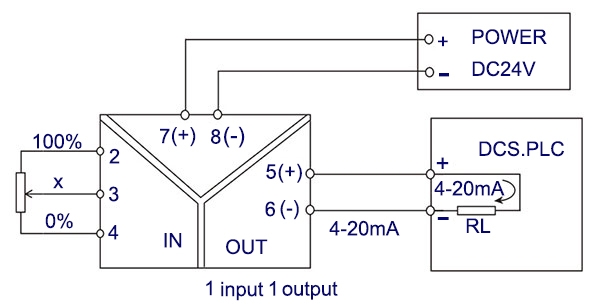 Wiring diagram of signal isolator (1 Input / 1 Output)