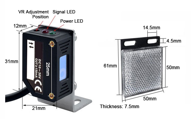 Laser retro reflective photo sensor dimension