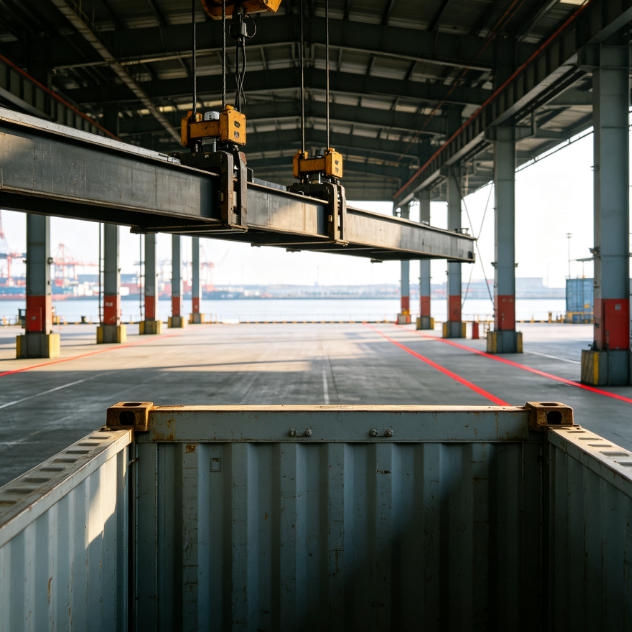Long-range ultrasonic sensor for container positioning and crane collision avoidance in port logistics.