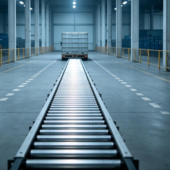 Long-range ultrasonic sensor application for conveyor line monitoring and logistics detection in a large warehouse.