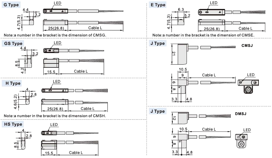 2-wire magnetic cylinder sensor dimension drawing for G, GS, H, HS, E, and J types.