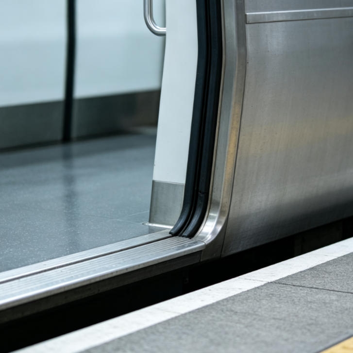 Magnetic proximity sensor mounted on a train door frame to confirm full closure and transmit interlock signal for safe departure