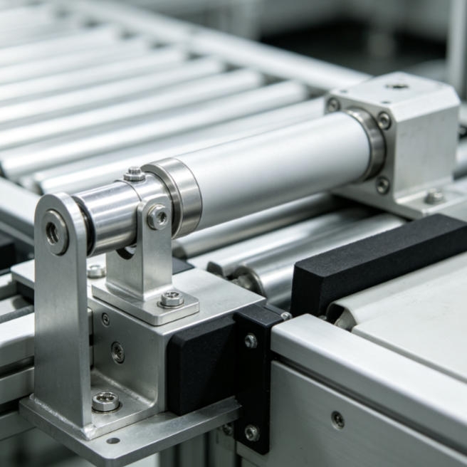 Magnetic proximity switch mounted on a conveyor line stopper to detect product arrival and actuate pneumatic stopping mechanism.