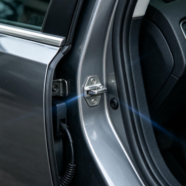 Hall effect magnetic sensor integrated in a car door latch assembly for detecting lock bolt position and transmitting door open/closed status.