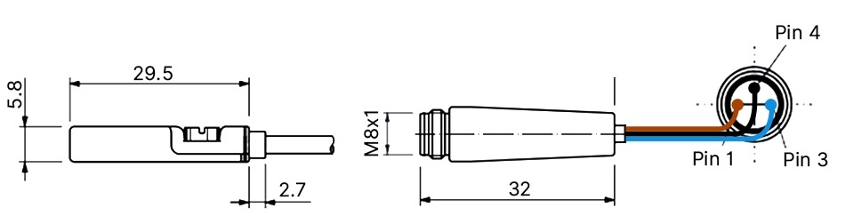 Magnetic cylinder sensor dimension chart featuring M8x1 connector, 29.5mm body length, and Pin 1, 3, 4 wiring diagram.