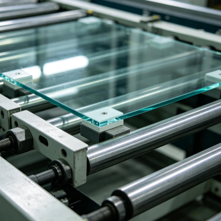 Magnetic proximity switch mounted along a glass production line to detect glass sheet arrival position and trigger transfer mechanism operation.