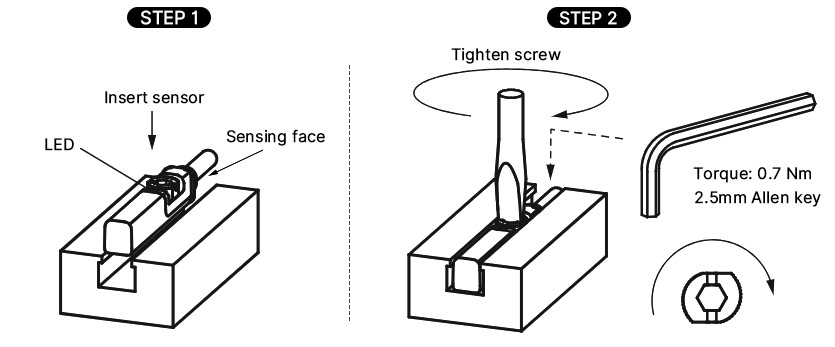 Magnetic cylinder sensor installation instruction with 2.5mm Allen key and 0.7 Nm torque specification.