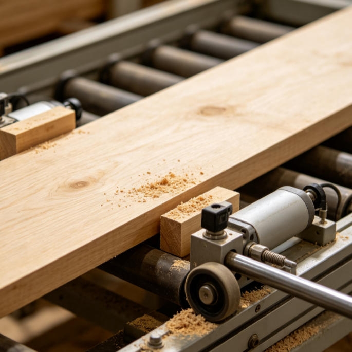 Magnetic limit sensor on a wood conveying system to detect log position on the feed chain and coordinate sawing or splitting actions.
