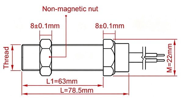 Magnetic pickup speed sensor dimension diagram with labeled measurements