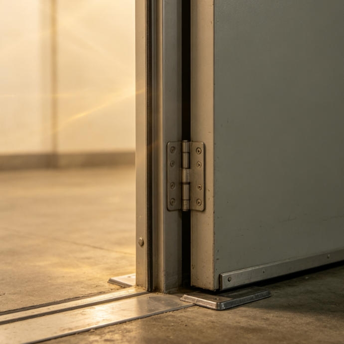 Magnetic Door Contact Sensor Installed on a Fire Door Frame to Detect Open/Closed Status and Trigger Alarm or Release Signal in Emergency Systems.