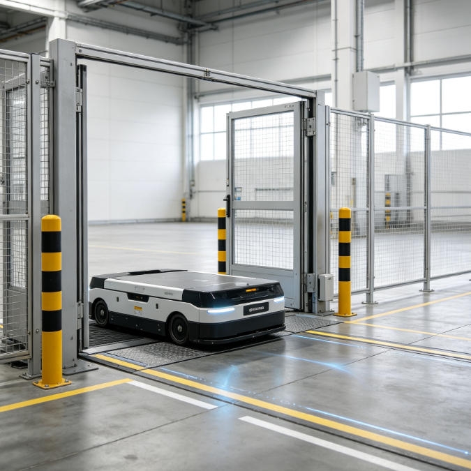 Magnetic safety switch with dual-channel monitoring installed on an AGV perimeter protective gate to lock the door during automated vehicle passage and signal a safe state.