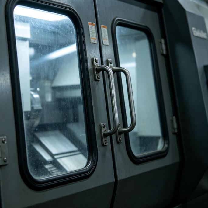 Encoded magnetic safety sensor on a machine tool cabin door to verify door closure and interlock spindle rotation for operator injury prevention during high-speed machining.