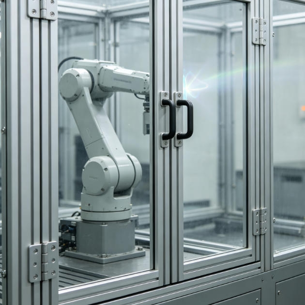 Coded magnetic safety interlock switch mounted on a robot workstation guard door to prevent access while the robot is operating and ensure safe stop on opening.