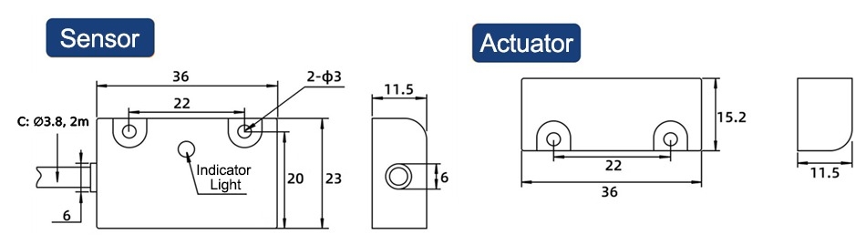 Dimension drawing of a magnetic safety switch (sensor and actuator).