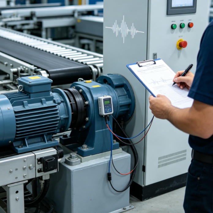 Maintenance worker using portable magnetic vibration probe for quick on-site fault diagnosis on production line equipment.