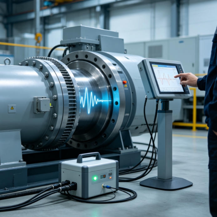 Portable magnetic vibration transmitter attached to new industrial motor for short-term trial run vibration testing.