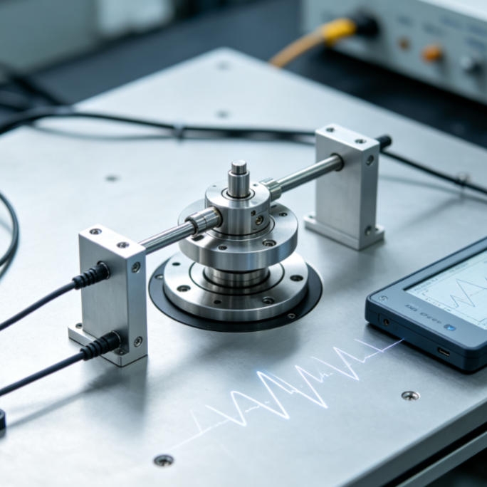 Magnetic base vibration transmitter used on test platform for temporary vibration data collection without drilling holes.