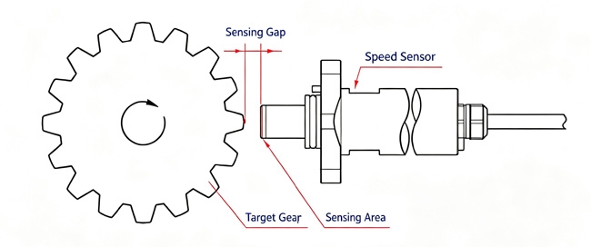 Magnetic speed sensor installation diagram on gear tooth wheel