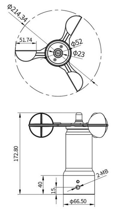 Mechanical cup anemometer dimension