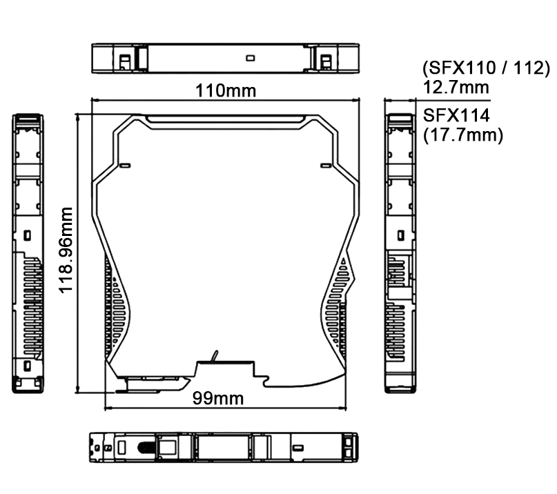 Multi-view dimensional drawing of SFX series signal isolators, showing 12.7mm width housing (SFX110/112) and 17.7mm width housing (SFX114) with full mechanical dimensions