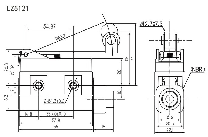 Mechanical limit switch roller lever dimension
