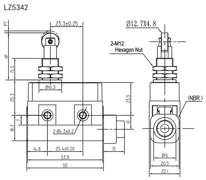 Mechanical limit switch roller plunger dimension