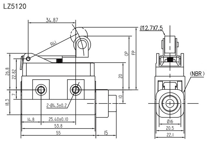 Mechanical limit switch short roller lever dimension