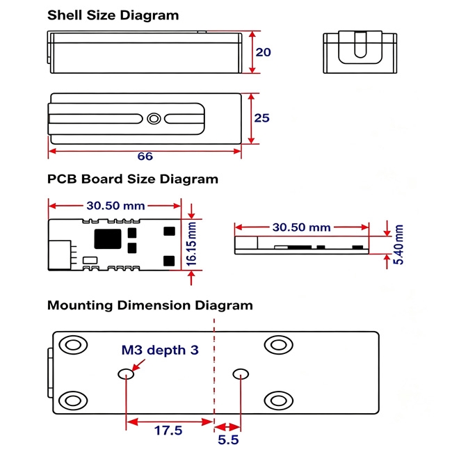 Dimensions diagram of 9-axis MEMS IMU sensor