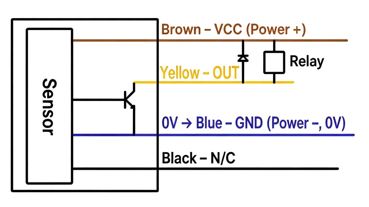 NPN output wiring diagram connecting microwave motion sensor to relay