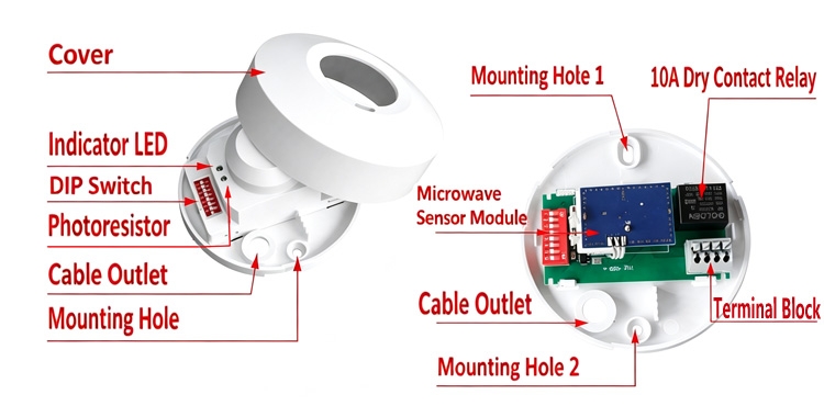 Microwave movement sensor structure details, internal and external components.
