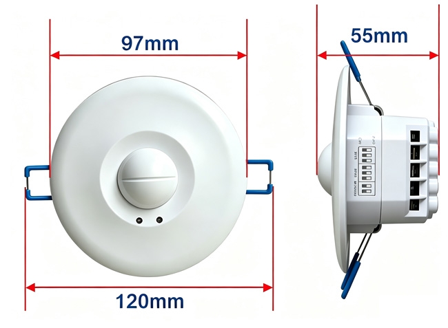 Microwave presence sensor dimensions diagram showing diameter and height