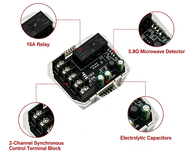 Microwave presence sensor internal details view showing circuit board