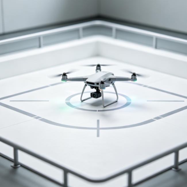 Ultrasonic rangefinder mounted on a drone landing pad for precise altitude measurement and automated landing guidance