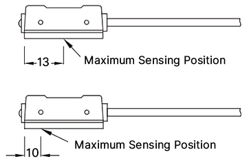 Dimensional diagrams of a pneumatic cylinder magnetic sensor showing two maximum sensing positions.
