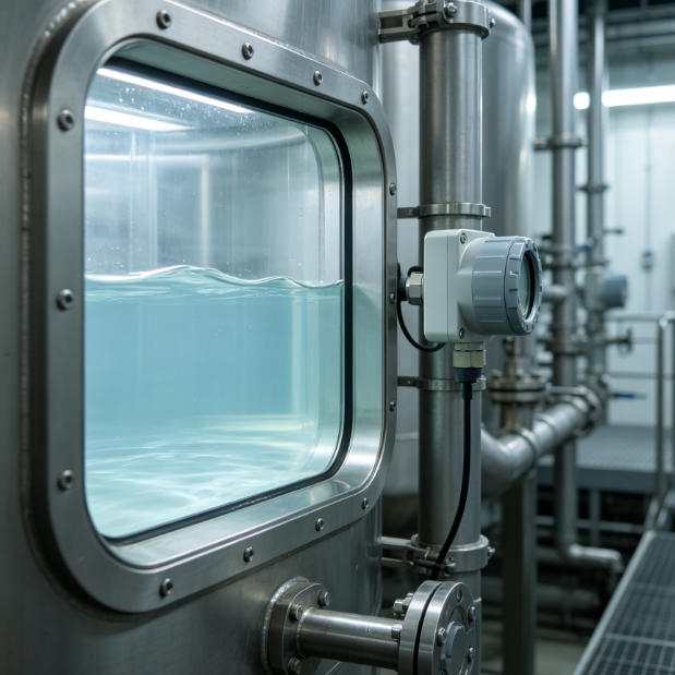 Non-contact ultrasonic sensor for liquid level measurement in stainless steel tanks.
