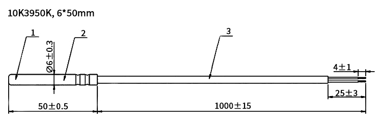 NTC temp sensor probe 10k 6x50 size