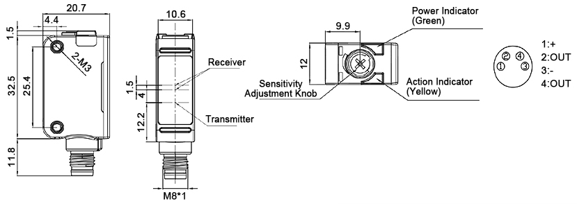 150mm photoelectric laser sensor dimension