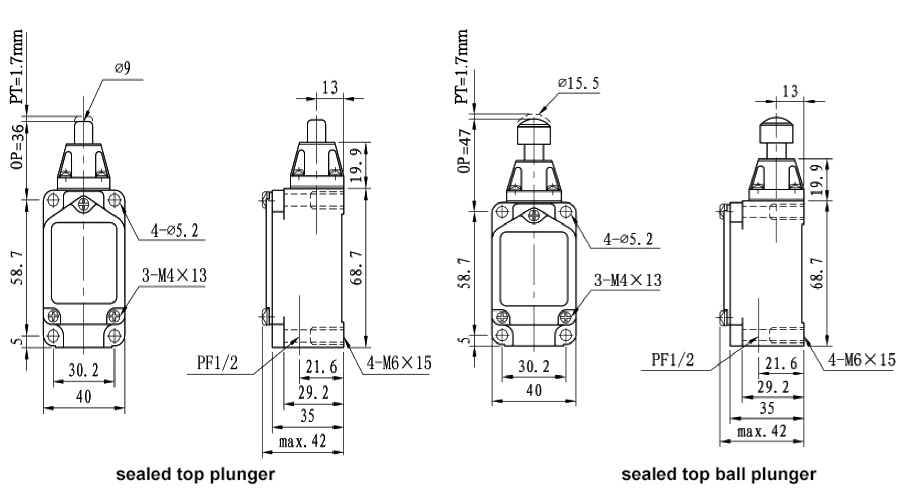 Plunger type limit switch dimension