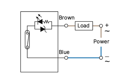 Wiring diagram of a 70 Gauss Reed switch type pneumatic cylinder magnetic sensor.