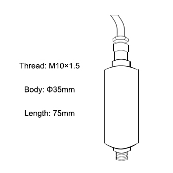 Dimensional diagram of portable magnetic vibration transmitter with Φ35x75mm body and magnetic base attachment