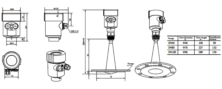 Non contact radar level sensor for highly corrosive liquid dimension