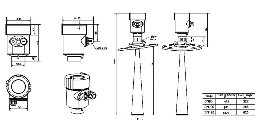 Non contact radar type level sensor for solid dimension