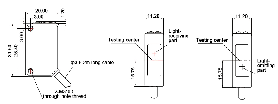 Rectangular photoelectric sensor through-beam dimension