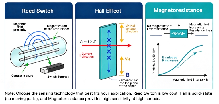 Magnetic sensor comparison: Reed Switch, Hall Effect, and Magnetoresistance (MR) with working principles and selection criteria.
