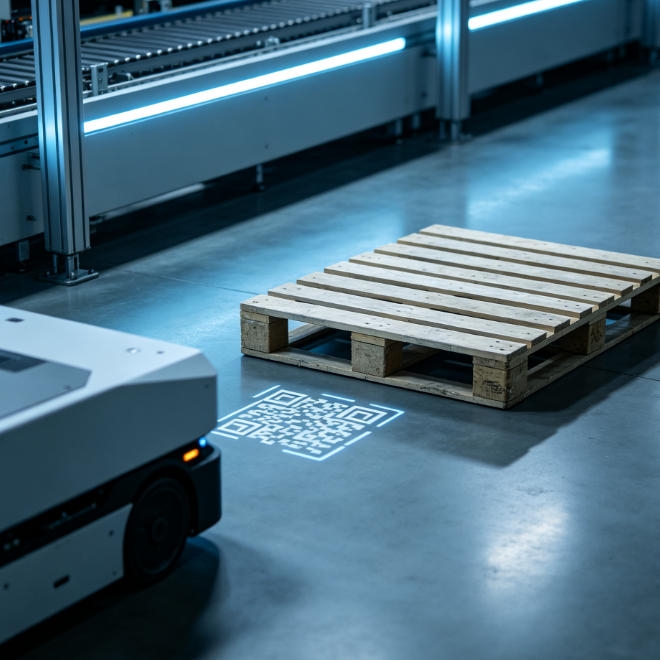Robot ultrasonic sensor for precise pallet detection and automated docking of mobile robots (AMRs).