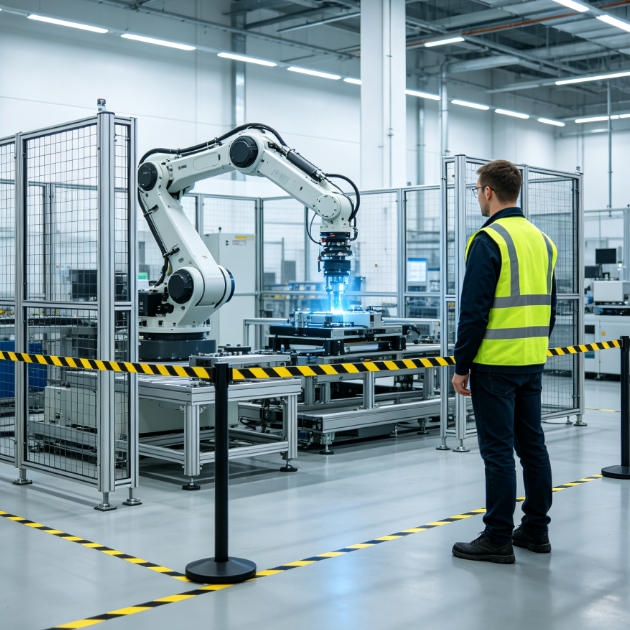 Robot ultrasonic sensor for human presence detection and safety monitoring in collaborative robot applications.