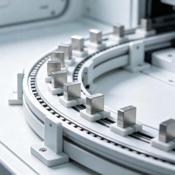 Rotatable ultrasonic distance sensor detecting workpiece position on a curved linear guide rail.