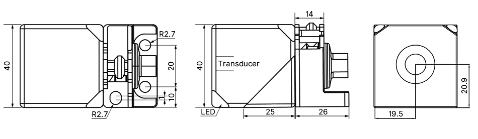 Technical dimensions of a rotatable ultrasonic distance sensor, featuring a 40x40mm square housing, adjustable transducer head, LED indicator, and precise mounting hole spacing.