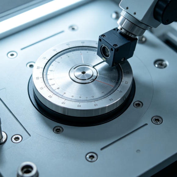 Rotatable ultrasonic distance sensor application for robotic arm positioning and precise assembly on a rotary table.