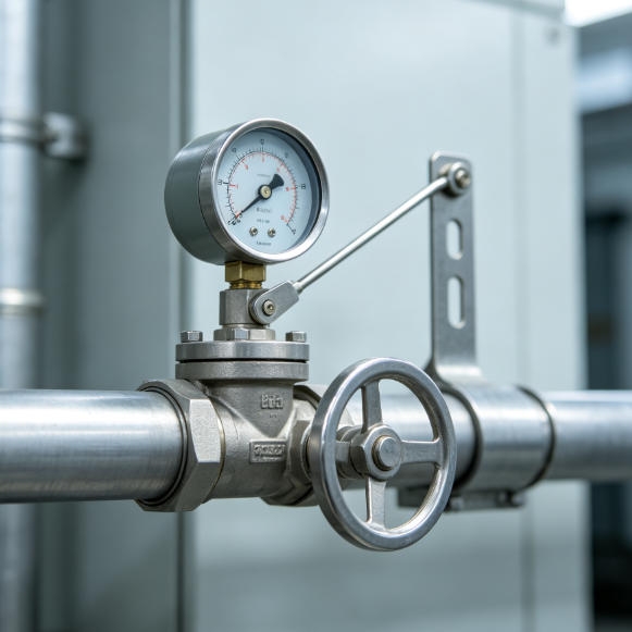 Rotatable ultrasonic distance sensor monitoring valve position and pipeline equipment in industrial automation.